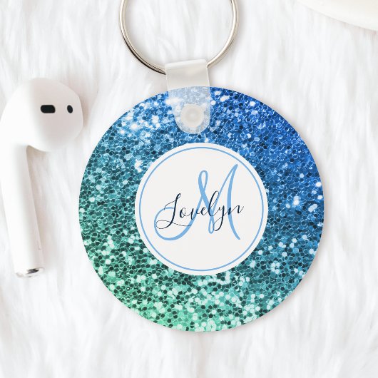 Aangepaste blauwe glitter Mermaid Monogramme Name Sleutelhanger