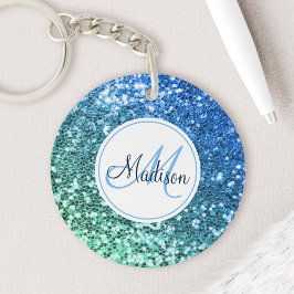 Aangepaste blauwe glitter Mermaid Monogramme Name Sleutelhanger
