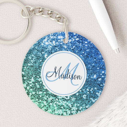 Aangepaste blauwe glitter Mermaid Monogramme Name Sleutelhanger