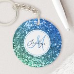 Aangepaste blauwe glitter Mermaid Monogramme Name Sleutelhanger<br><div class="desc">Pas deze prachtige,  lichtblauwe,  faux glitter sleutelhanger met uw eigen monogram en naam eenvoudig aan.</div>