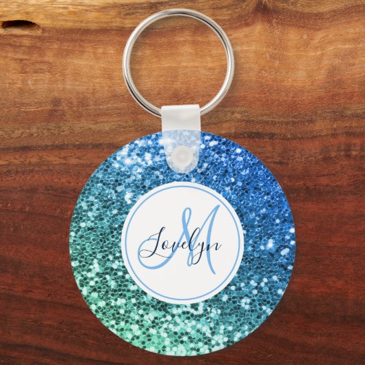 Aangepaste blauwe glitter Mermaid Monogramme Name Sleutelhanger (Voorkant)