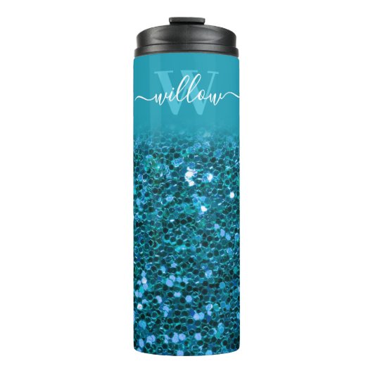 Aangepaste blauwe glitter-monogram thermosbeker (Voorkant)