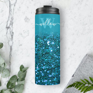 Aangepaste blauwe glitter-monogram thermosbeker