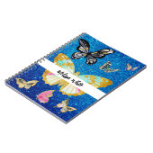 Aangepaste blauwe glittervlinder notitieboek (Linkerzijde)