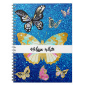 Aangepaste blauwe glittervlinder notitieboek (Voorkant)