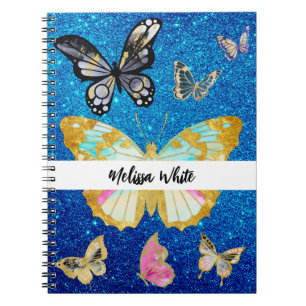 Aangepaste blauwe glittervlinder notitieboek