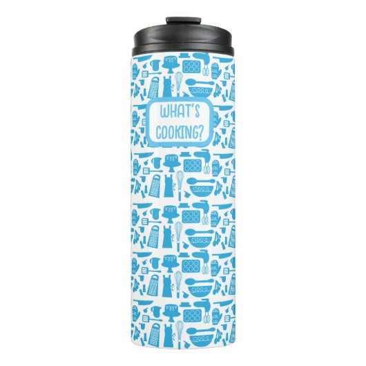Aangepaste Blauwe Keuken Kitsch Fun Art Patroon Thermosbeker (Voorkant)
