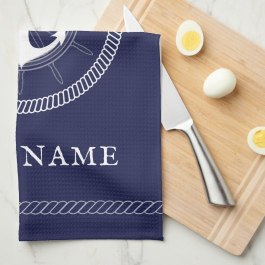 Aangepaste blauwe keukenhanddoek met witte anker (Quarter Fold)