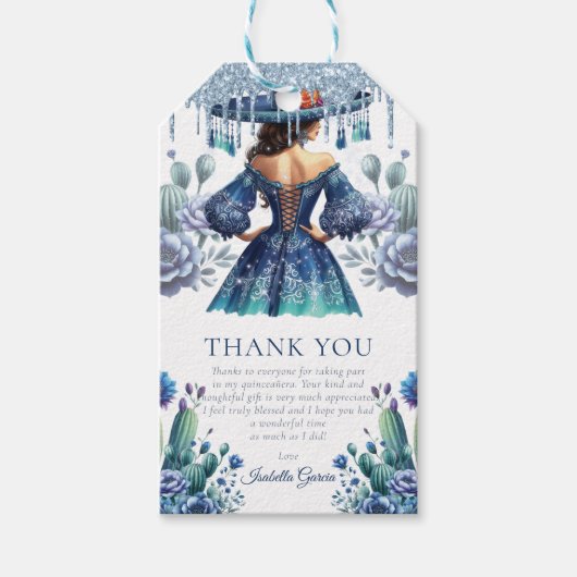 Aangepaste Blauwe Mexicaanse Stijl Quinceañera Cadeaulabel (Voorkant)