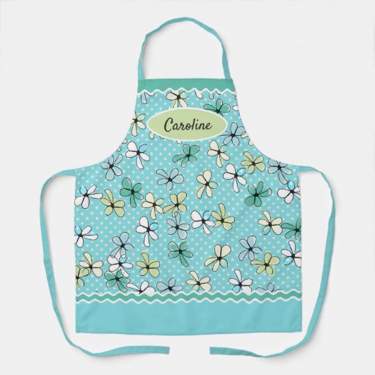 Aangepaste blauwe mint groene Floral witte pokadot Schort (Voorkant)