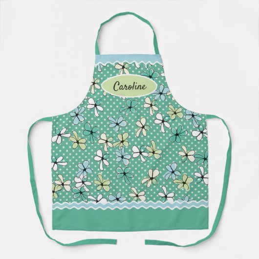 Aangepaste blauwe mint groene Floral witte pokadot Schort (Voorkant)