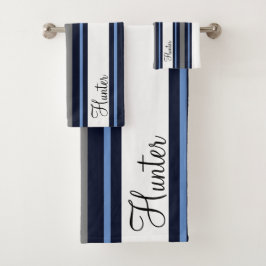 Aangepaste Blauwe Moderne Cursieve Gestreepte Bad Handdoek