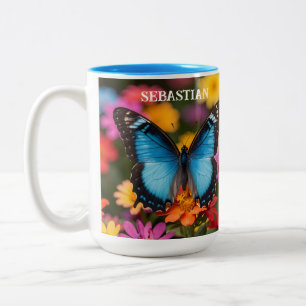 Aangepaste Blauwe Morpho Vlinder Bloem Botanisch Tweekleurige Koffiemok