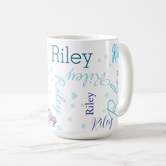 Aangepaste blauwe namen herhalen met kleine harten koffiemok (Voorkant rechts)
