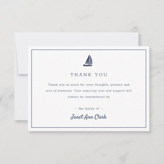 Aangepaste blauwe nautische zeilboot begrafenis sy bedankkaart (Voorkant)