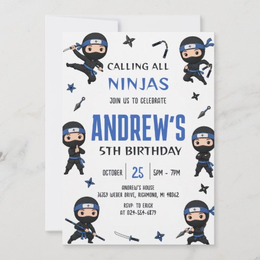 Aangepaste Blauwe Ninja-jongen Warrior-verjaardags Kaart (Voorkant)