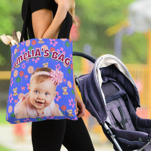 Aangepaste Blauwe Paarse Baby Foto met Teddy Bears Tote Bag