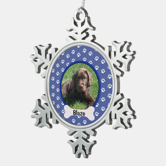 Aangepaste blauwe pagina Afdrukhond foto puppy Bon Tin Sneeuwvlok Ornament (Rechts)