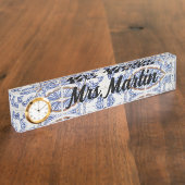 Aangepaste  blauwe Portugese Tegel klok Naambordje (Zijkant)