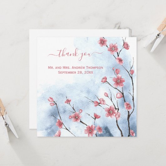 Aangepaste blauwe roze Floral bruiloft Dank je Kaart (Voorkant / Achterkant in situ)