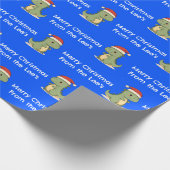 Aangepaste Blauwe Schattigee Dinosaurus Santa Hat  Cadeaupapier (Hoek)