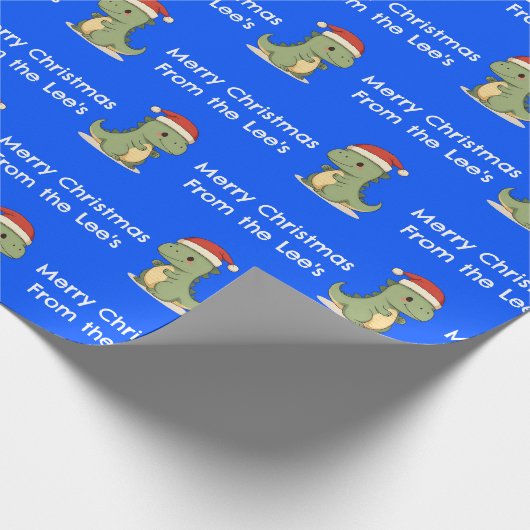 Aangepaste Blauwe Schattigee Dinosaurus Santa Hat  Cadeaupapier (Hoek)