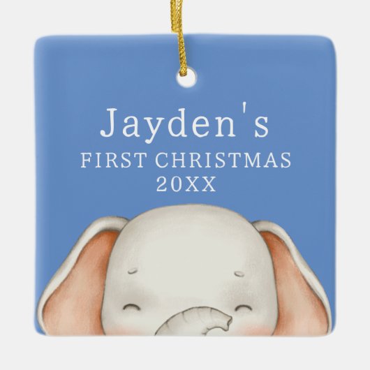 Aangepaste Blauwe Schattigee Olifant Baby Boy Eers Keramisch Ornament (Voorkant)