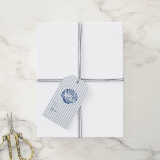 Aangepaste Blauwe Schelp Kuststreep Cadeaulabel (Met Touw)