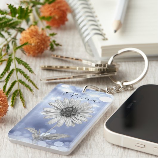 Aangepaste Blauwe Sparkle Daisy Flower Sleutelhanger (Voorkant Rechts)