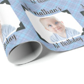Aangepaste blauwe speldenfoto van Baby Birthday Cadeaupapier (Rol Hoek)