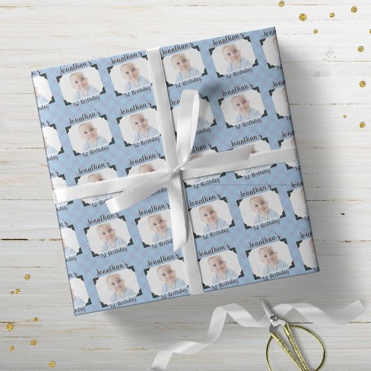 Aangepaste blauwe speldenfoto van Baby Birthday Cadeaupapier