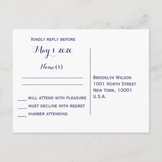 Aangepaste blauwe standaard RSVP-Briefkaarten Uitnodiging Briefkaart (Achterkant)