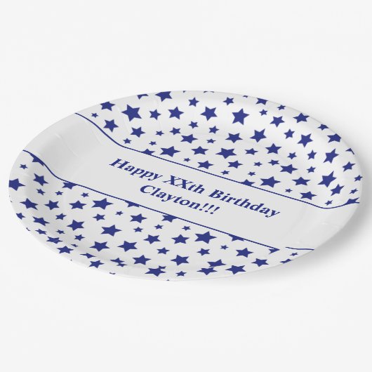 Aangepaste blauwe sterren met bericht verjaardagsf papieren bordje (Gekanteld)