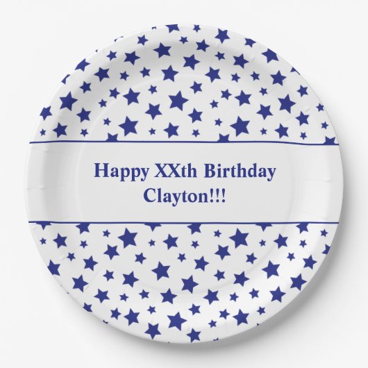 Aangepaste blauwe sterren met bericht verjaardagsf papieren bordje (Voorkant)