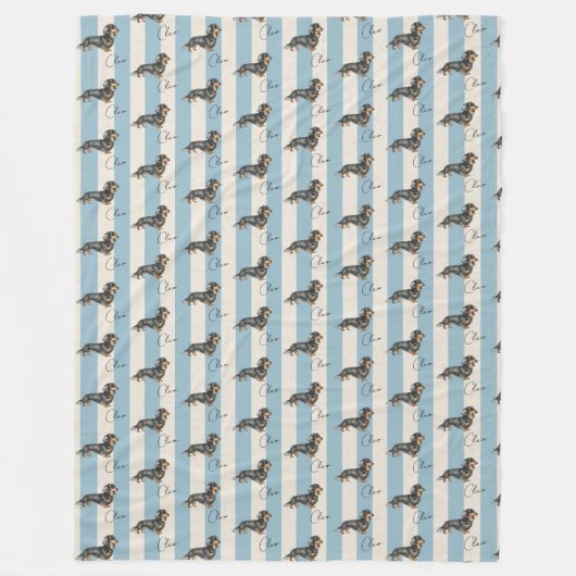 Aangepaste Blauwe Streep Teckel Huisdier Naam Fleece Deken (Voorkant)
