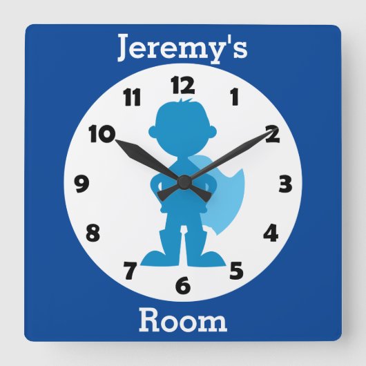 Aangepaste blauwe superheld Boy Kinder Room Vierkante Klok (Voorkant)