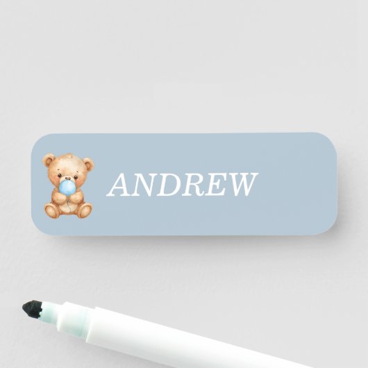 Aangepaste blauwe teddybeer naamplaatje (In situ)