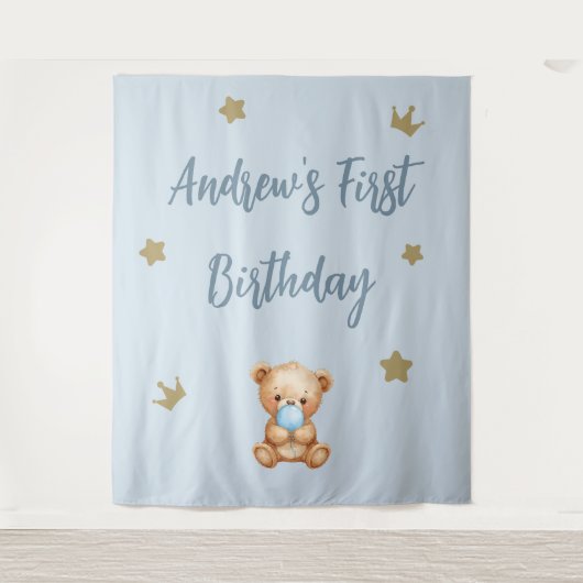 Aangepaste Blauwe Teddybeer Verjaardag Achtergrond Wandkleed (Voorkant)