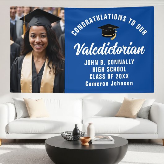 Aangepaste blauwe valedictorian foto afstudeerfees spandoek