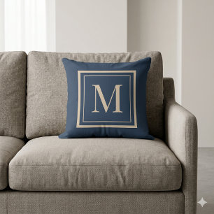 Aangepaste Blauwe & Vanille Omlijste Monogram Worp Kussen