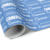 Aangepaste Blauwe Verjaardag Jongens Naam Collage Cadeaupapier (Rol Hoek)