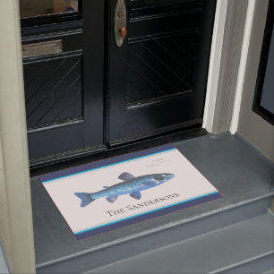 Aangepaste blauwe vis moderne kustmarine Blauwgroe Deurmat