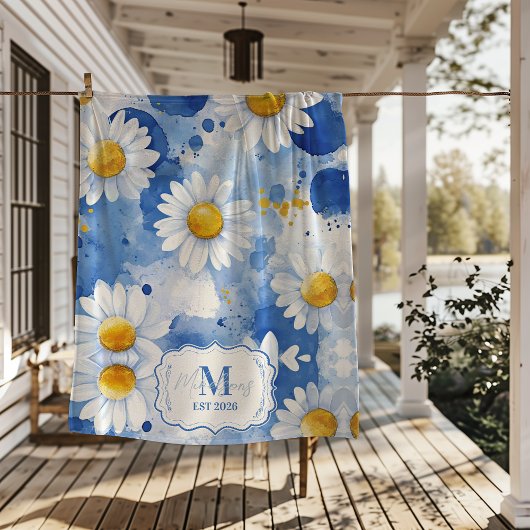 Aangepaste blauwe waterverf madeliefjes monogram d fleece deken