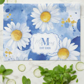 Aangepaste blauwe waterverf madeliefjes monogram d theedoek (Gevouwen)