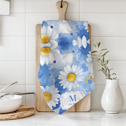 Aangepaste blauwe waterverf madeliefjes monogram d theedoek