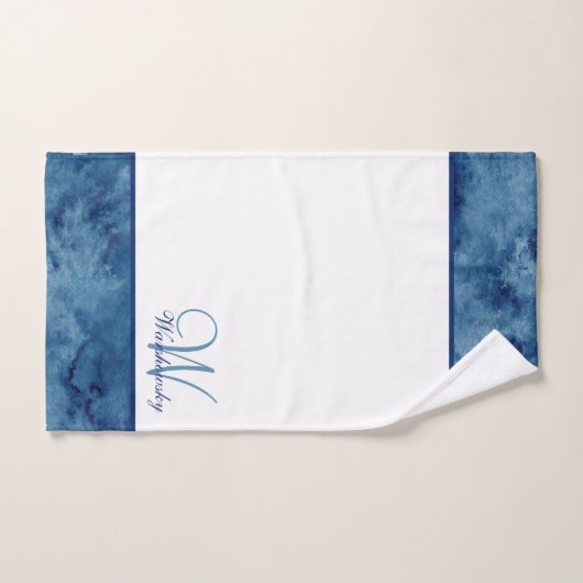 Aangepaste Blauwe Waterverf Wit Elegant Monogramme Bad Handdoek (Handdoek)