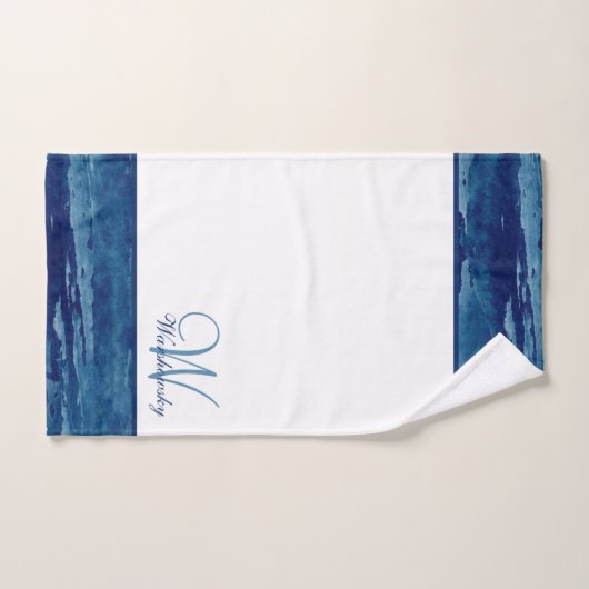 Aangepaste Blauwe Waterverf Wit Elegant Monogramme Bad Handdoek (Handdoek)