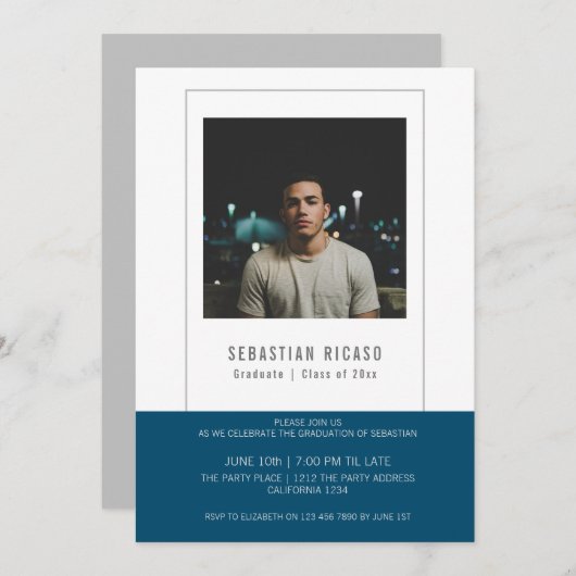 Aangepaste blauwe witte afstudeerfoto sjabloon kaart (Voorkant / Achterkant)