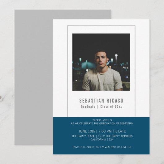 Aangepaste blauwe witte foto sjabloon voor afstude kaart (Voorkant / Achterkant)