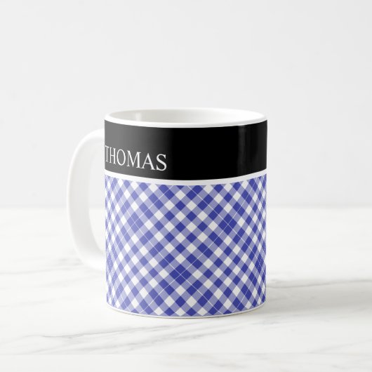 Aangepaste blauwe witte Gingham-naam Koffiemok (Voorkant links)
